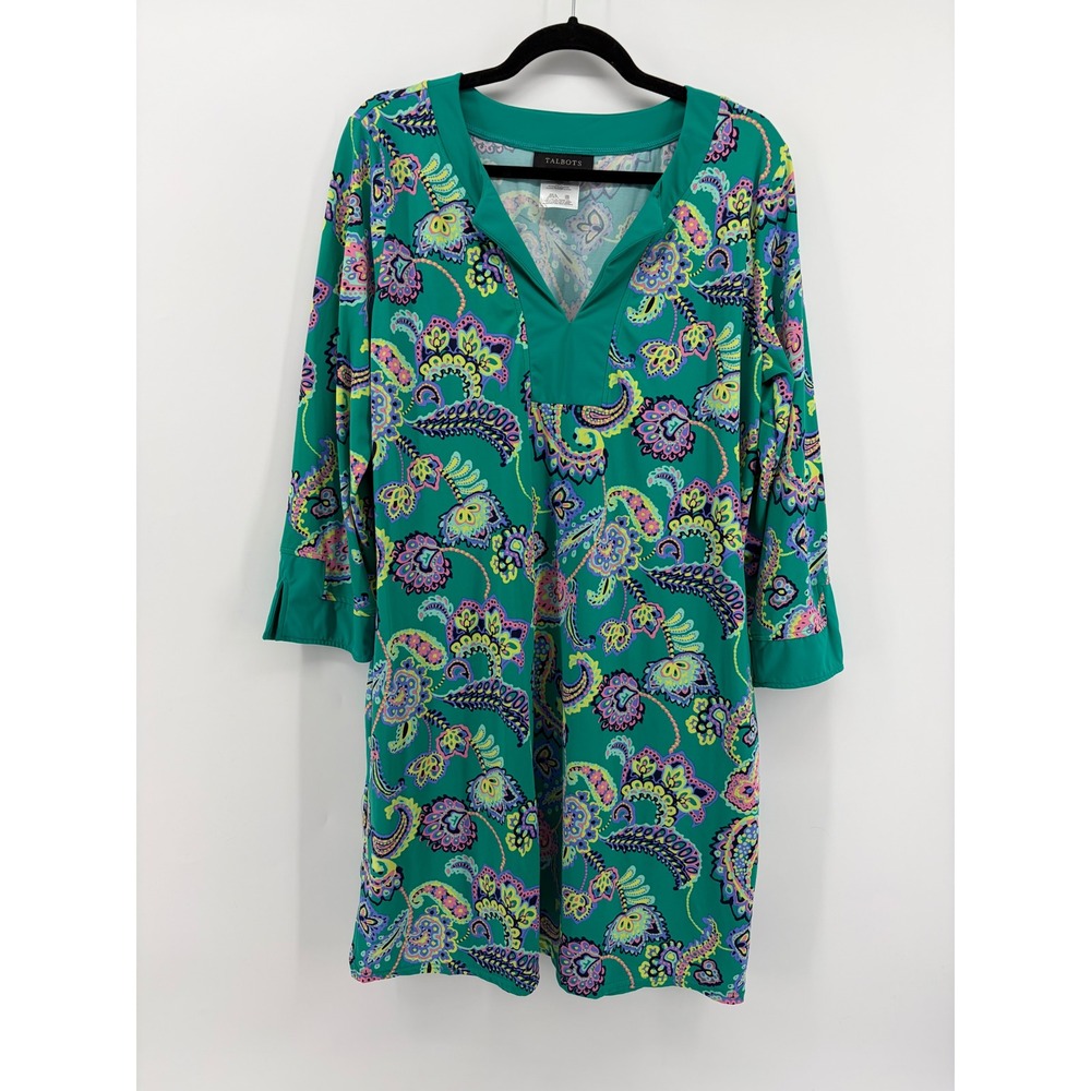 Talbots Green Paisley‎ Split Neck 3/4 Sleeve Tunic Swim Cover Up Dress Large